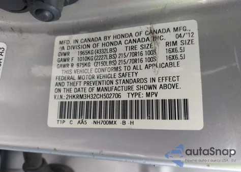 2012 Honda Cr-V Lx из США, поврежденный, VIN 2HKRM3H32CH502706